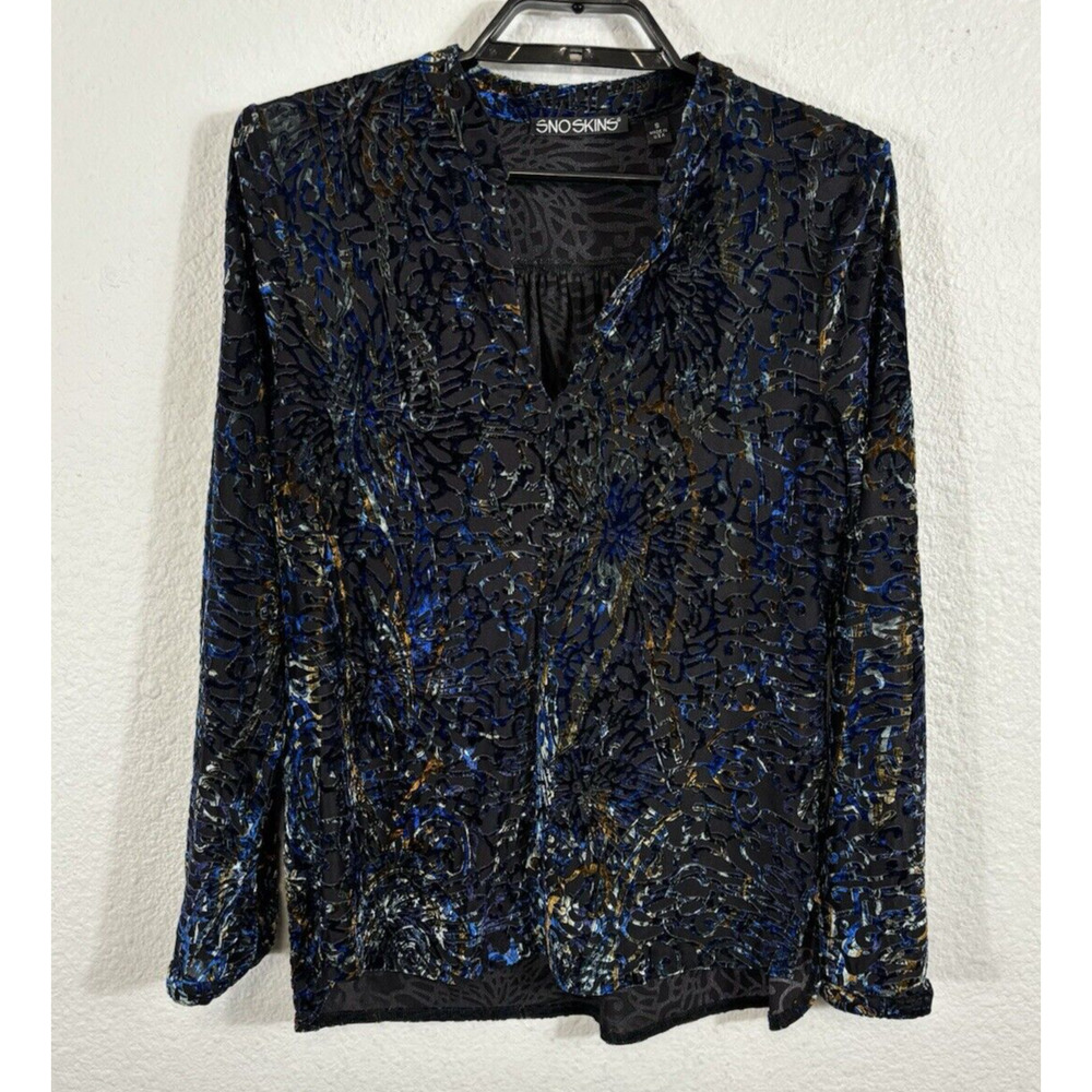 Snoskins Top Womens‎ Small Blue Yellow Burnout Long Sleeve Polyester Blend